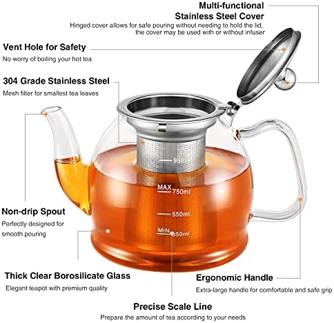 กาน้ำชาแก้ว 33 ออนซ์ / 1000ml แก้วกาน้ำชาพร้อม infuser แบบถอดได้, กาน้ำชาใสสำหรับชาบาน, ชาหลวม, หม้อชาออกดอก