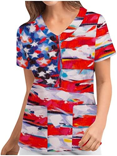 จูเนียร์เบลาส์ USA ธงดาวพิมพ์เสื้อแขนสั้น v คอสแปนเด็กซ์ทำงานสครับเครื่องแบบฤดูร้อนฤดูร้อนเสื้อเบลาส์ QF