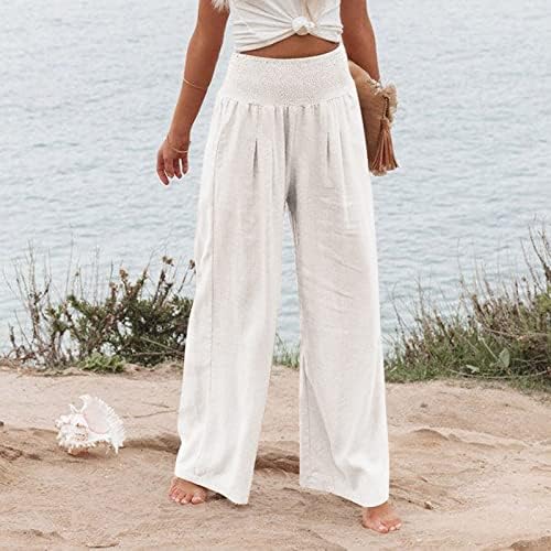 กางเกงผ้าลินิน Amober สำหรับผู้หญิงฤดูร้อนเอวสูงผ้าลินินผ้าลินิน Palazzo กางเกงขายาวกางเกงขายาวยาวขายาวพร้อมกระเป๋า